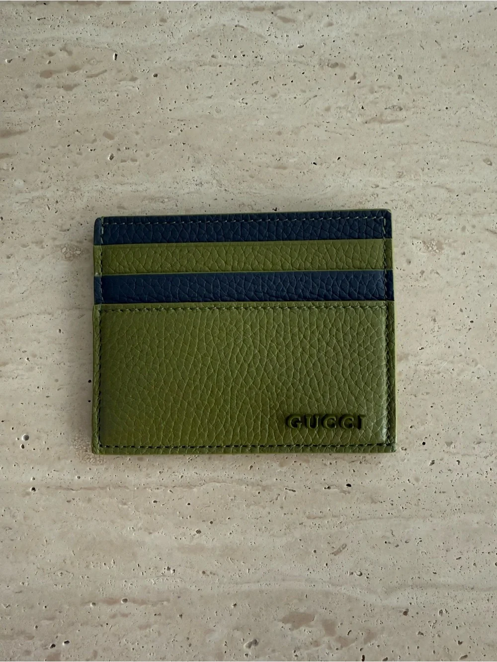 NWT Gucci Green-Grey Leather Card Case with Gucci Logo